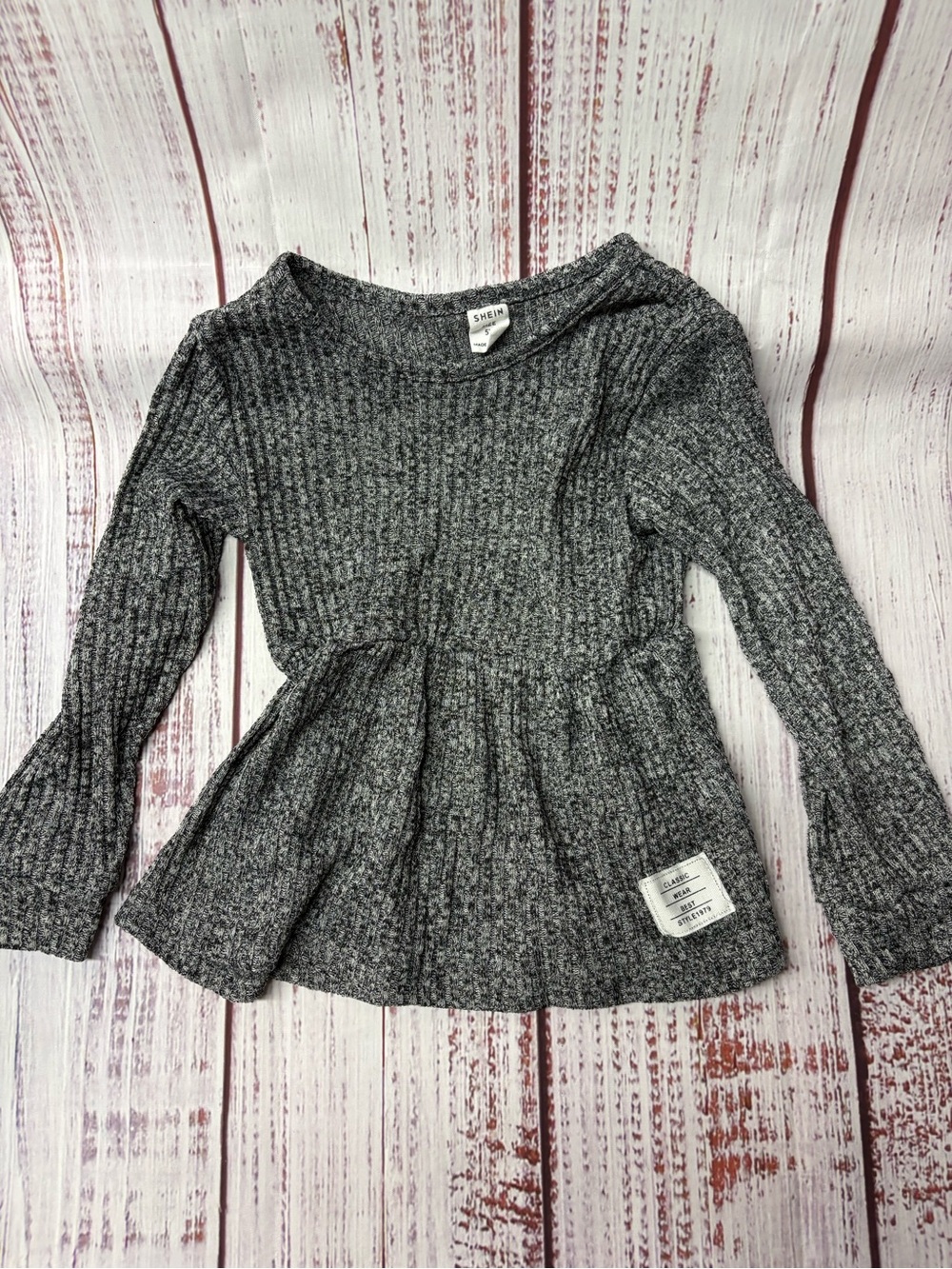 SHEIN Gray Ribbed Peplum Crew Neck Sweater